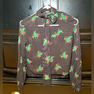 ZARA Sheer Black Top with Red Flowers and Neck Tie